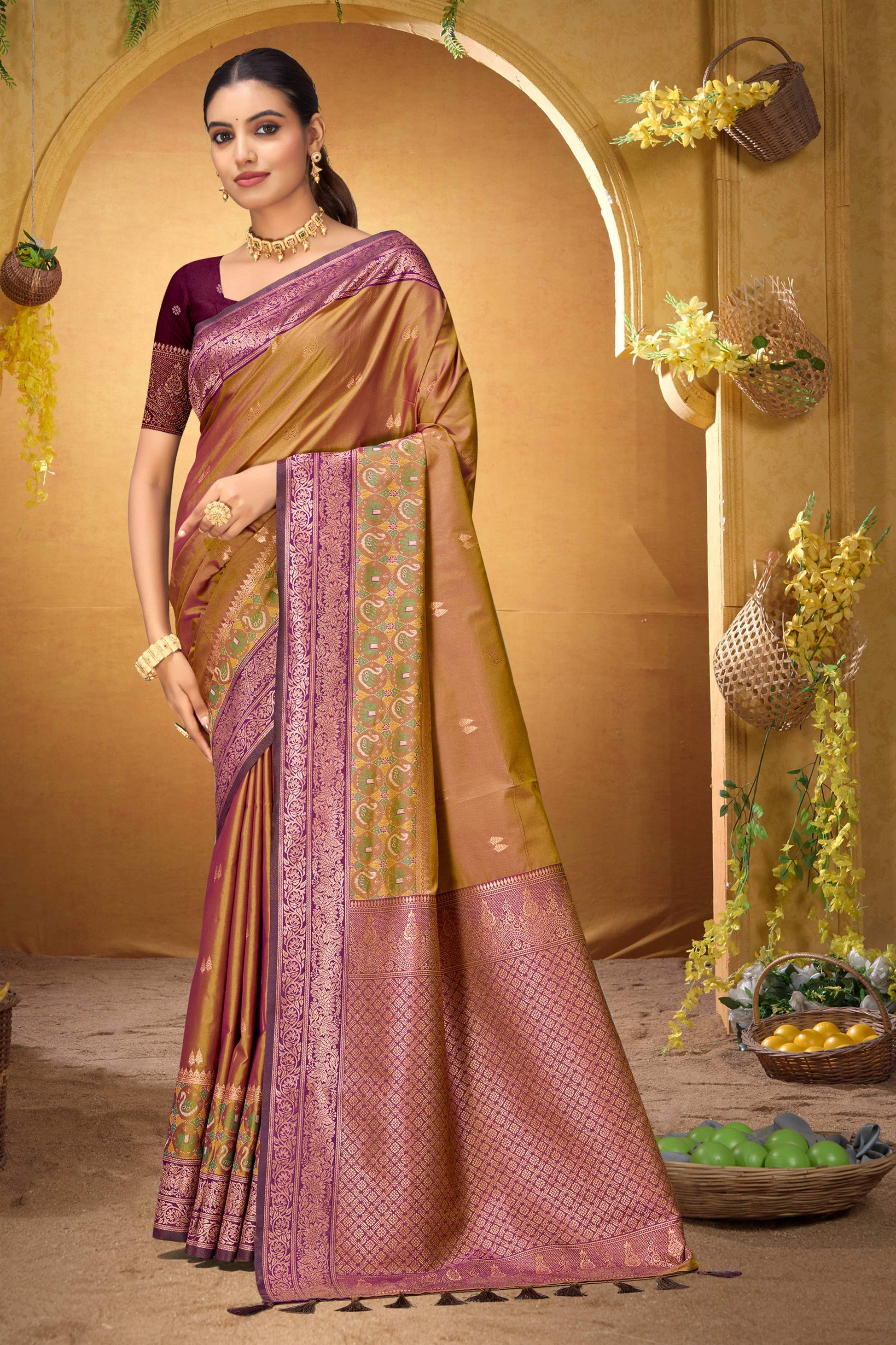 Sangam Prints Mustard Gold Silk Woven Work Traditional Saree - Dista