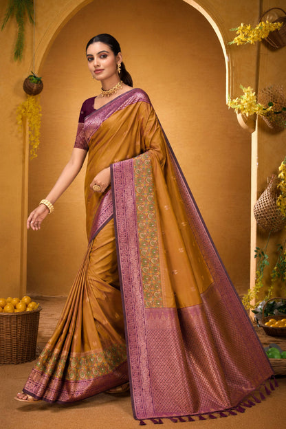 Sangam Prints Mustard Gold Silk Woven Work Traditional Saree - Dista