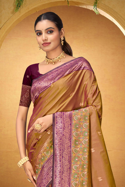 Sangam Prints Mustard Gold Silk Woven Work Traditional Saree - Dista