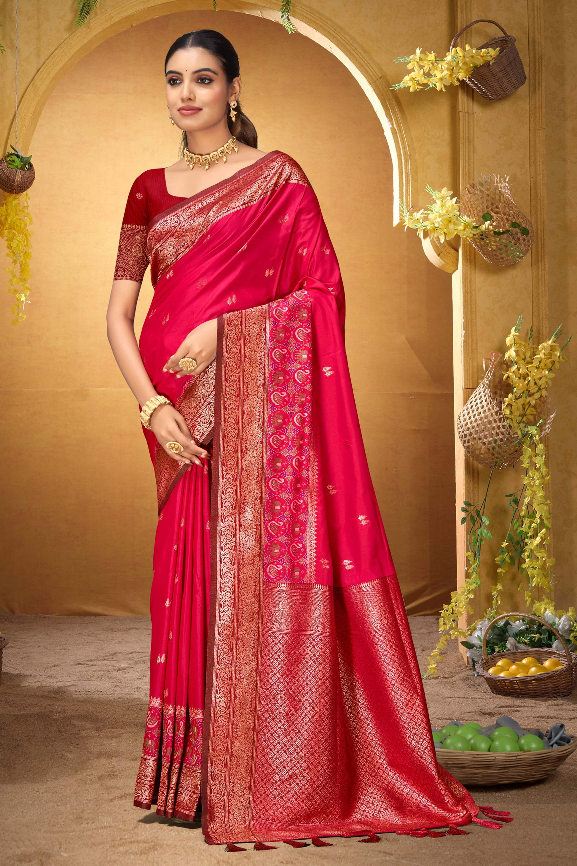 Sangam Prints Rani Pink Silk Woven Work Traditional Saree - Dista
