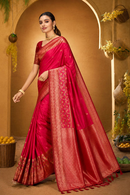 Sangam Prints Rani Pink Silk Woven Work Traditional Saree - Dista