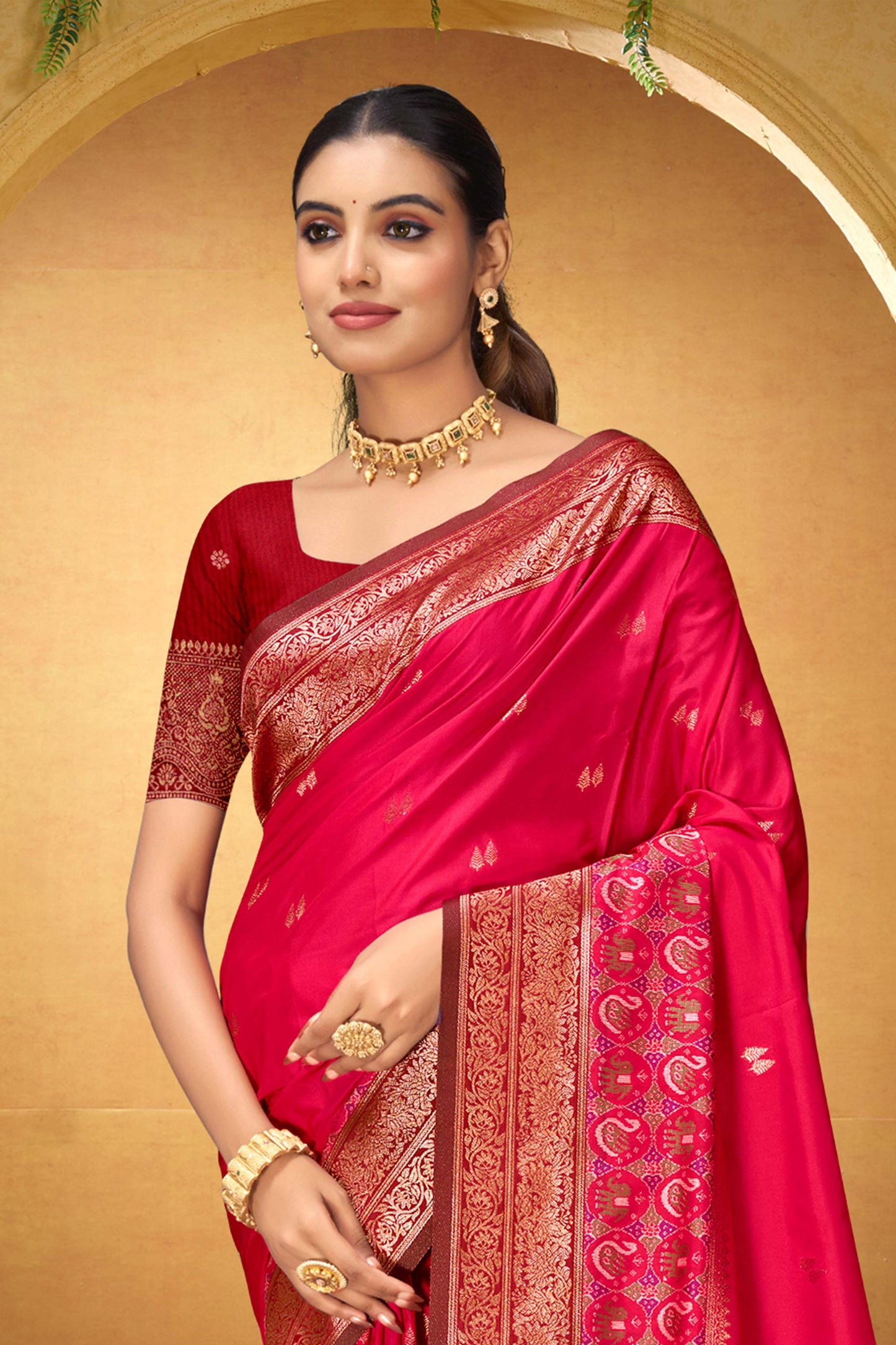 Sangam Prints Rani Pink Silk Woven Work Traditional Saree - Dista