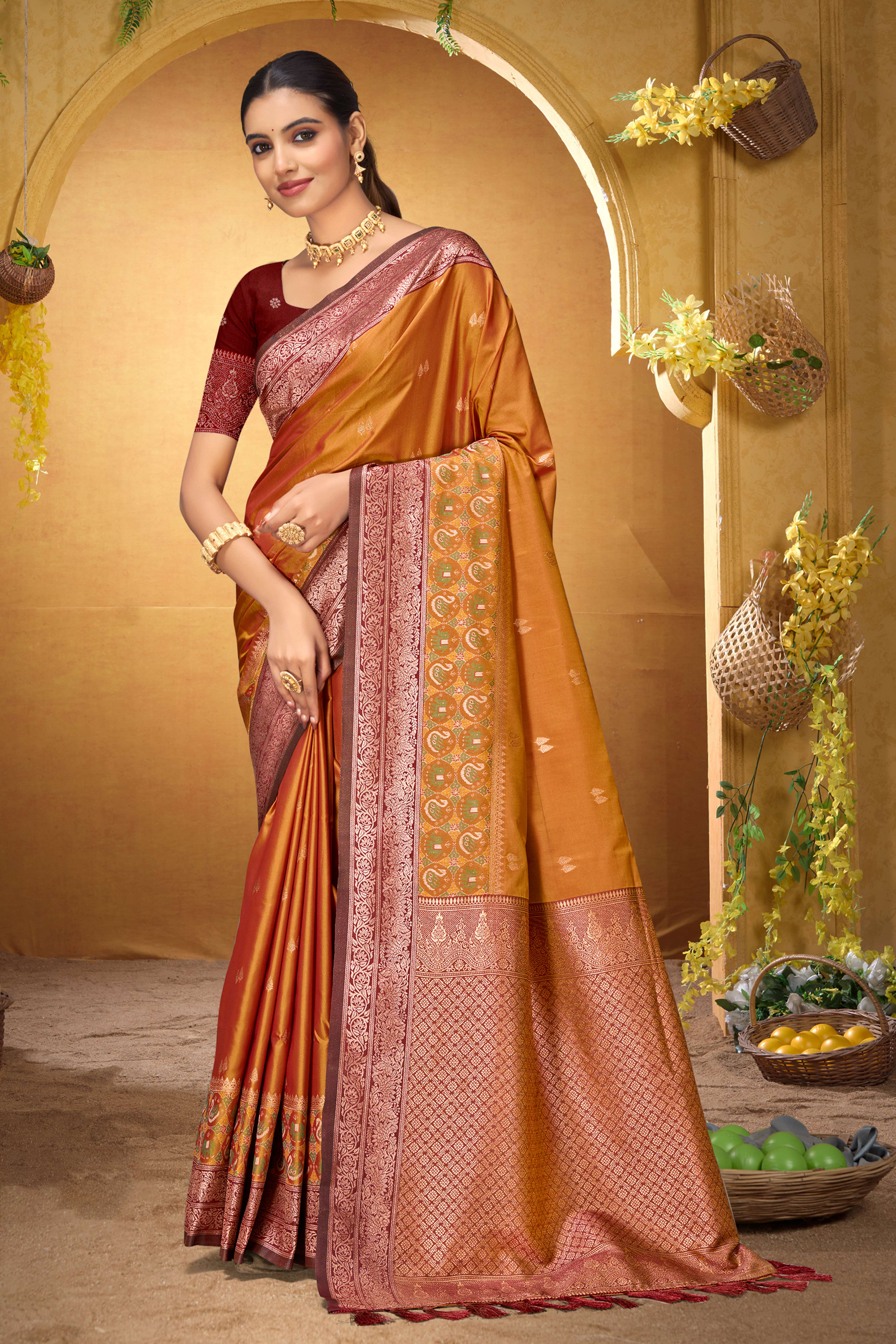 Sangam Prints Copper Orange Silk Woven Work Traditional Saree - Dista