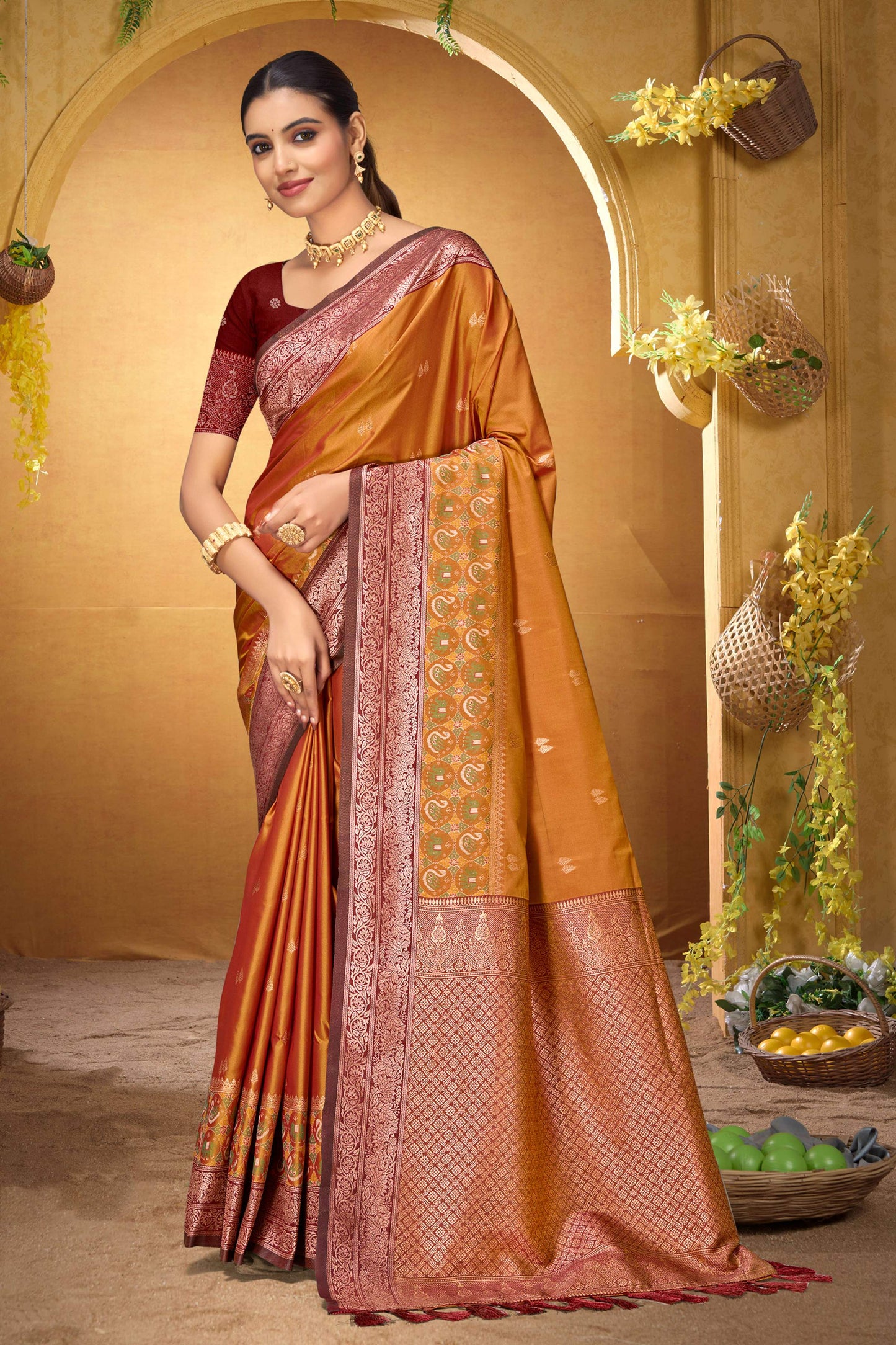Sangam Prints Copper Orange Silk Woven Work Traditional Saree - Dista