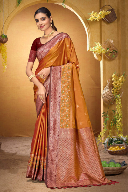 Sangam Prints Copper Orange Silk Woven Work Traditional Saree - Dista