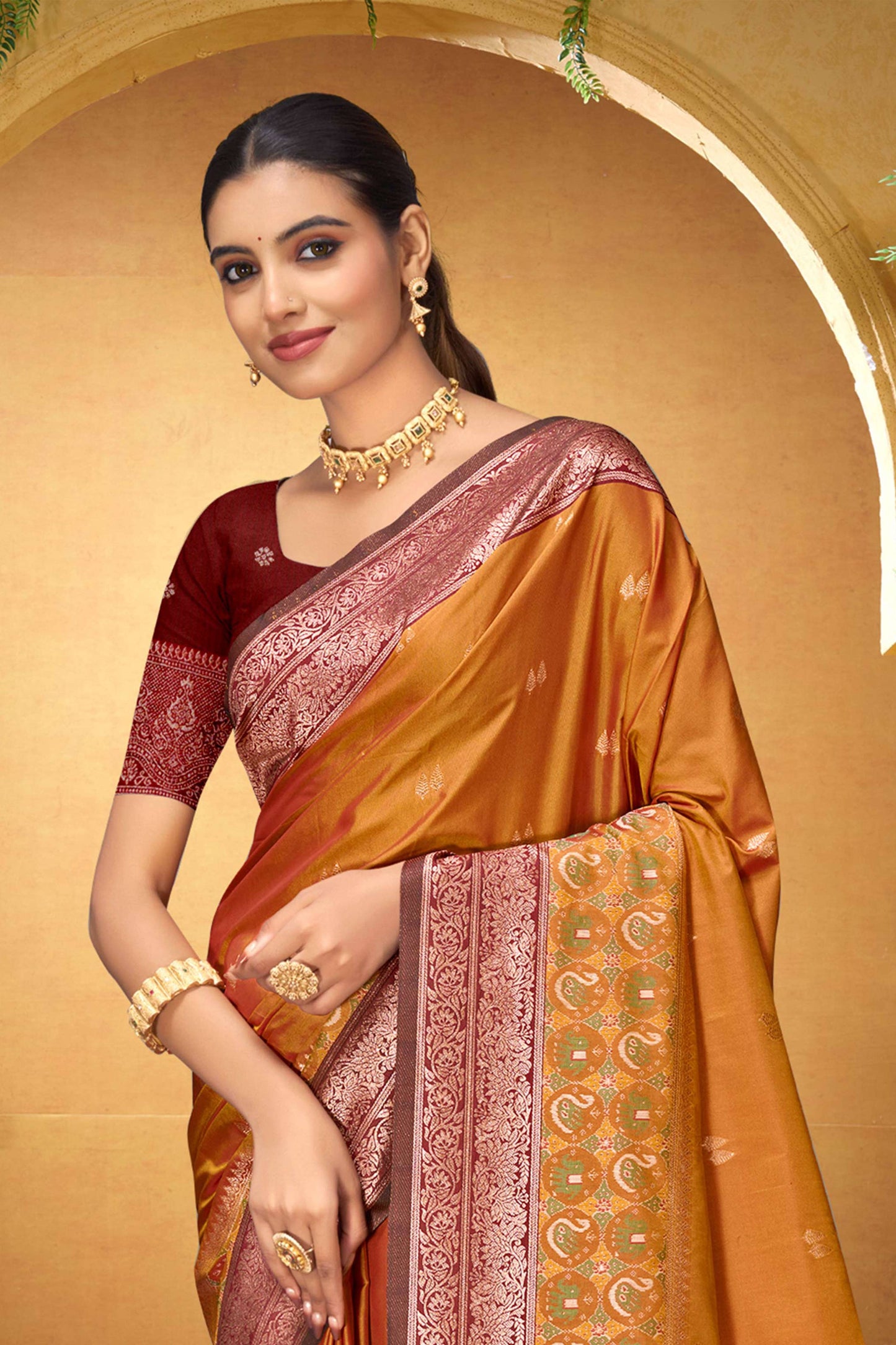 Sangam Prints Copper Orange Silk Woven Work Traditional Saree - Dista