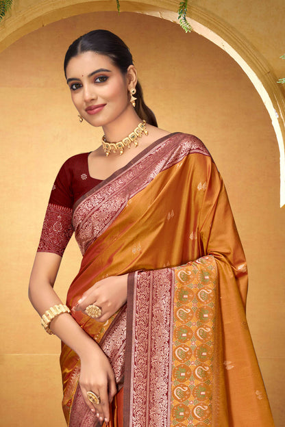 Sangam Prints Copper Orange Silk Woven Work Traditional Saree - Dista
