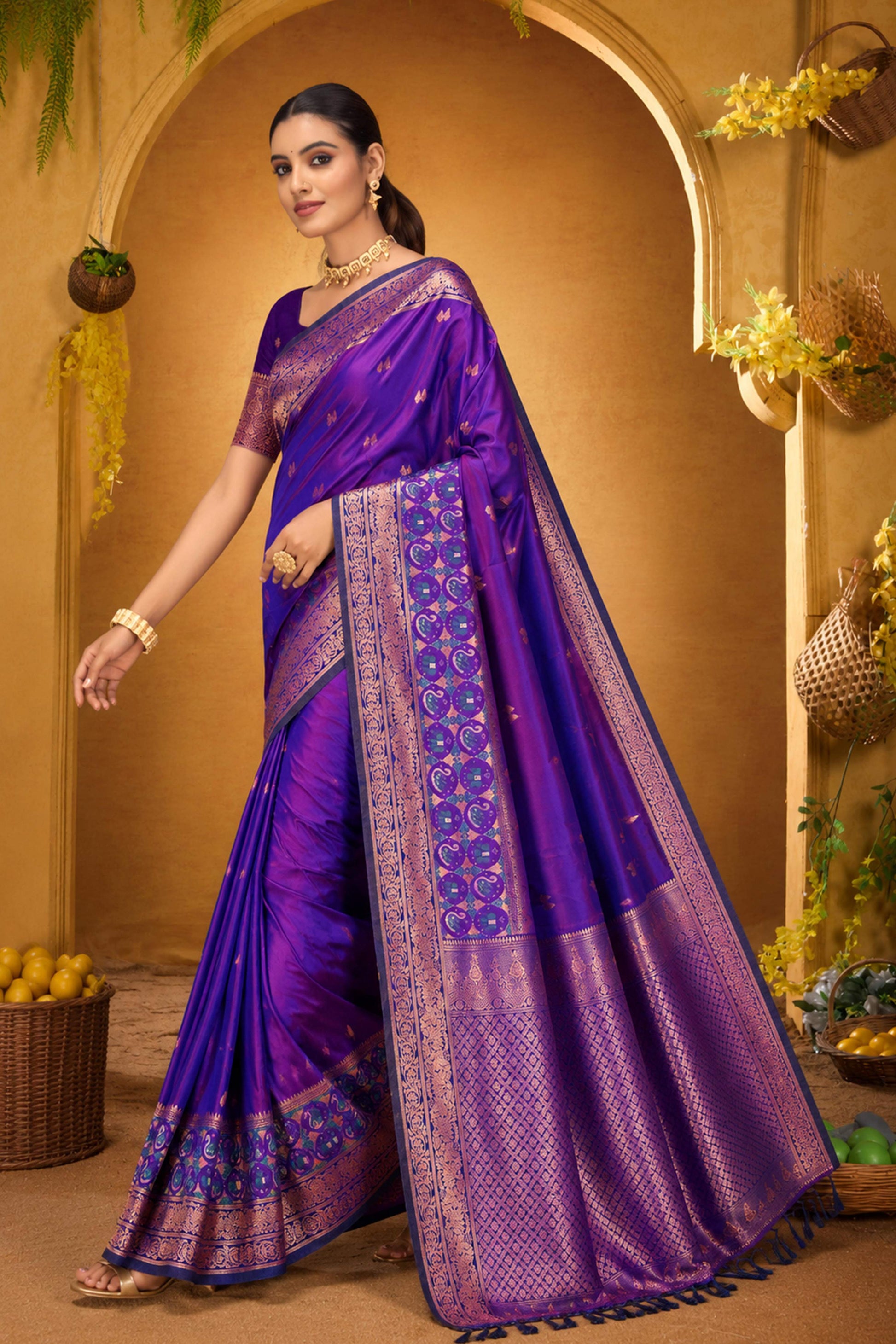 Sangam Prints Violet Purple Silk Woven Work Traditional Saree - Dista