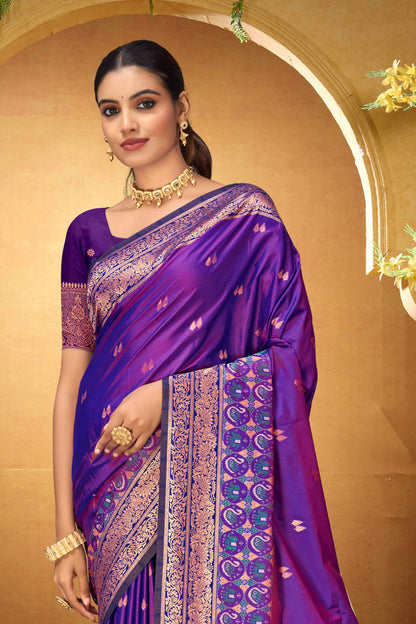 Sangam Prints Violet Purple Silk Woven Work Traditional Saree - Dista