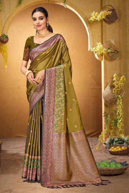 Sangam Prints Olive Green Silk Woven Work Traditional Saree - Dista
