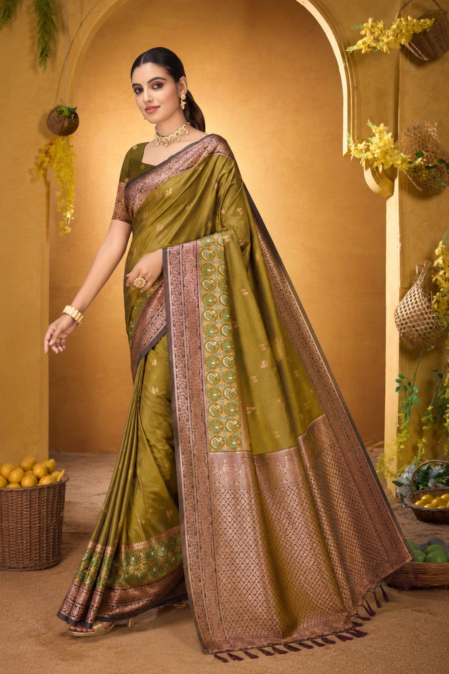 Sangam Prints Olive Green Silk Woven Work Traditional Saree - Dista