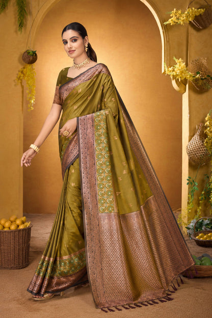 Sangam Prints Olive Green Silk Woven Work Traditional Saree - Dista