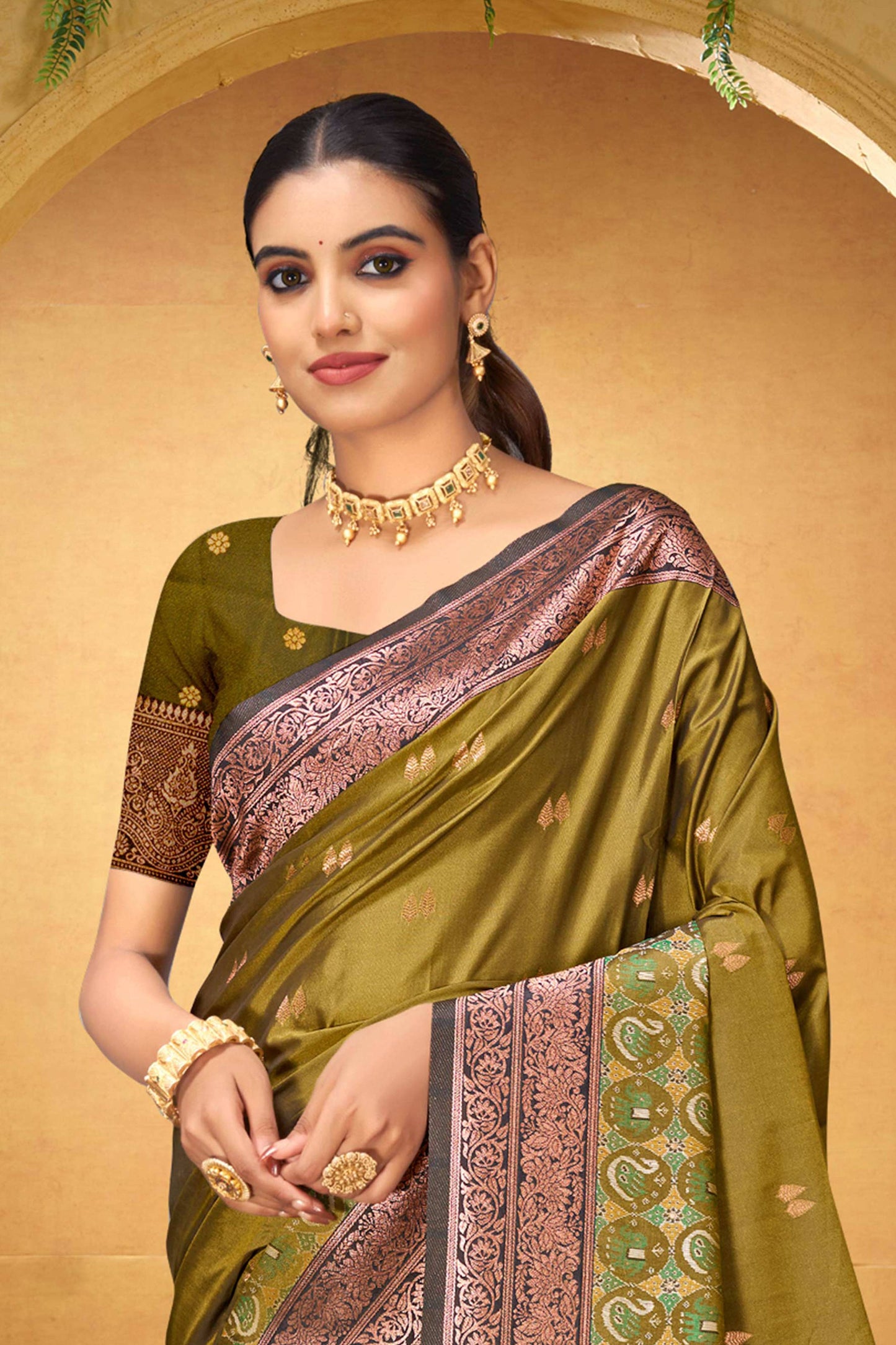 Sangam Prints Olive Green Silk Woven Work Traditional Saree - Dista