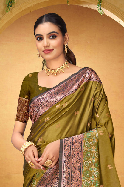 Sangam Prints Olive Green Silk Woven Work Traditional Saree - Dista