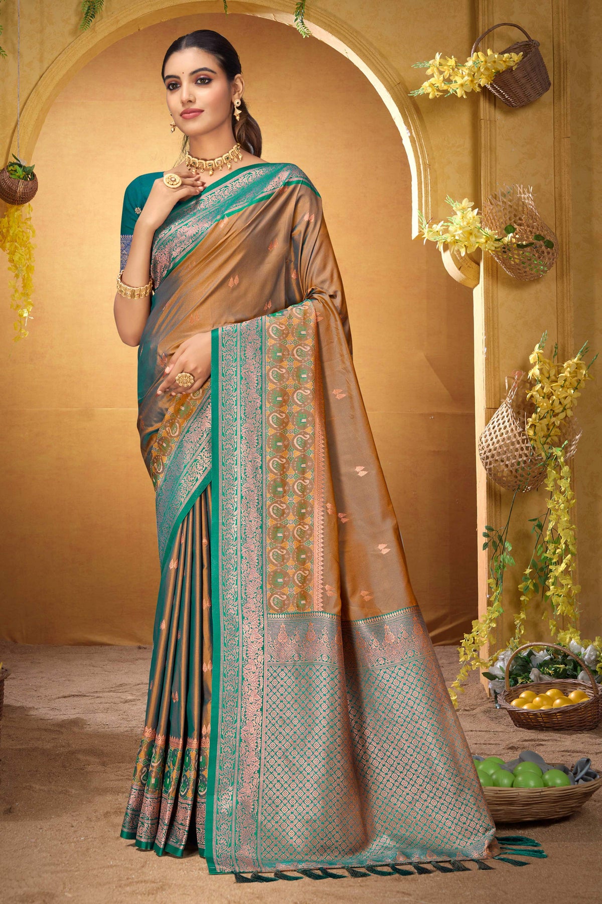 Sangam Prints Bronze Gold Silk Woven Work Traditional Saree - Dista