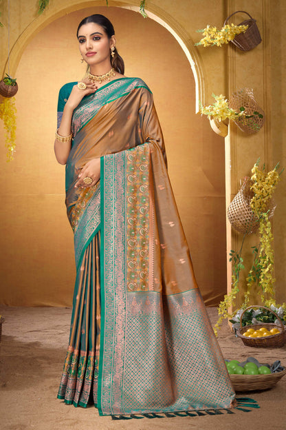 Sangam Prints Bronze Gold Silk Woven Work Traditional Saree - Dista