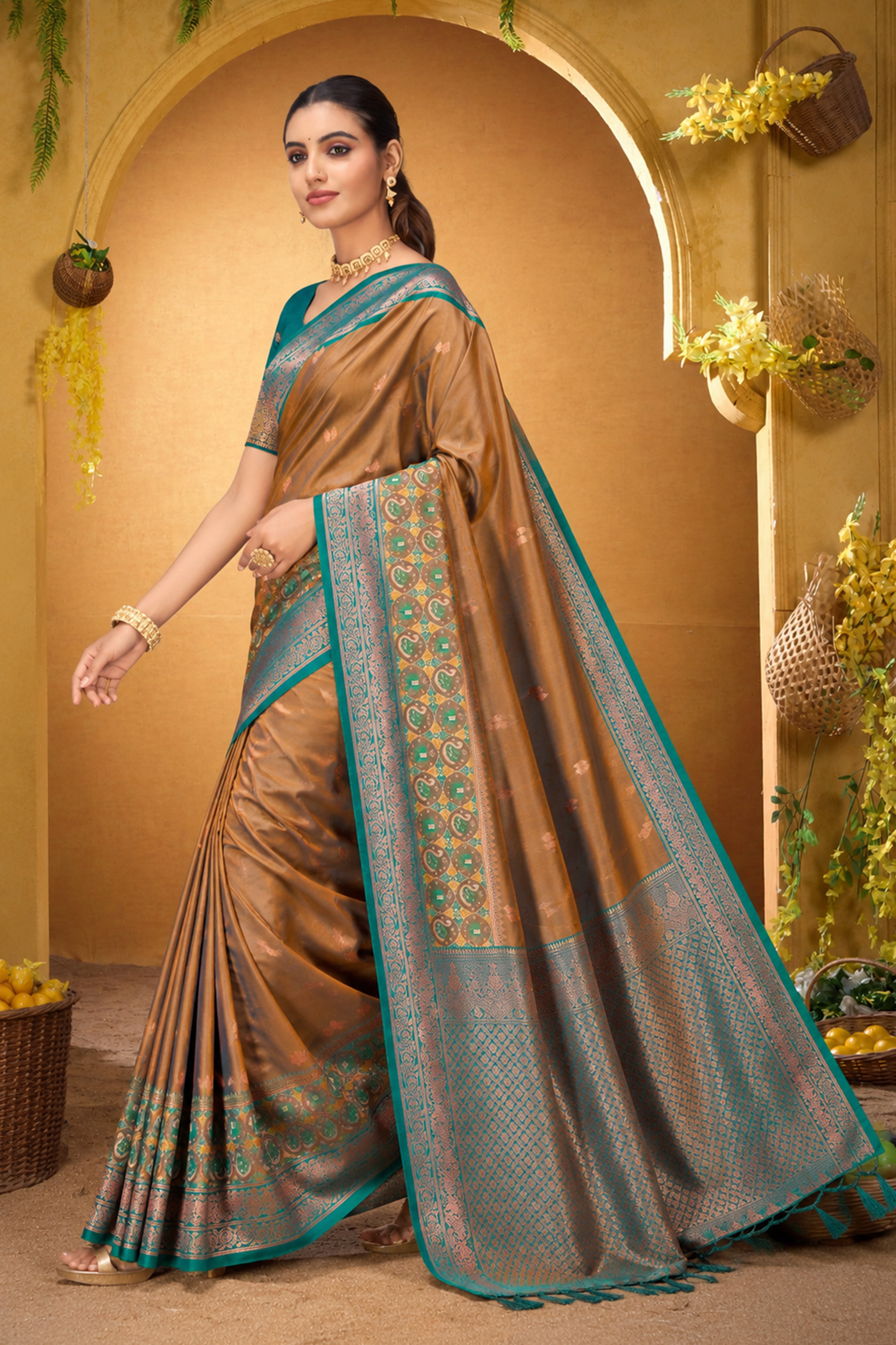 Sangam Prints Bronze Gold Silk Woven Work Traditional Saree - Dista