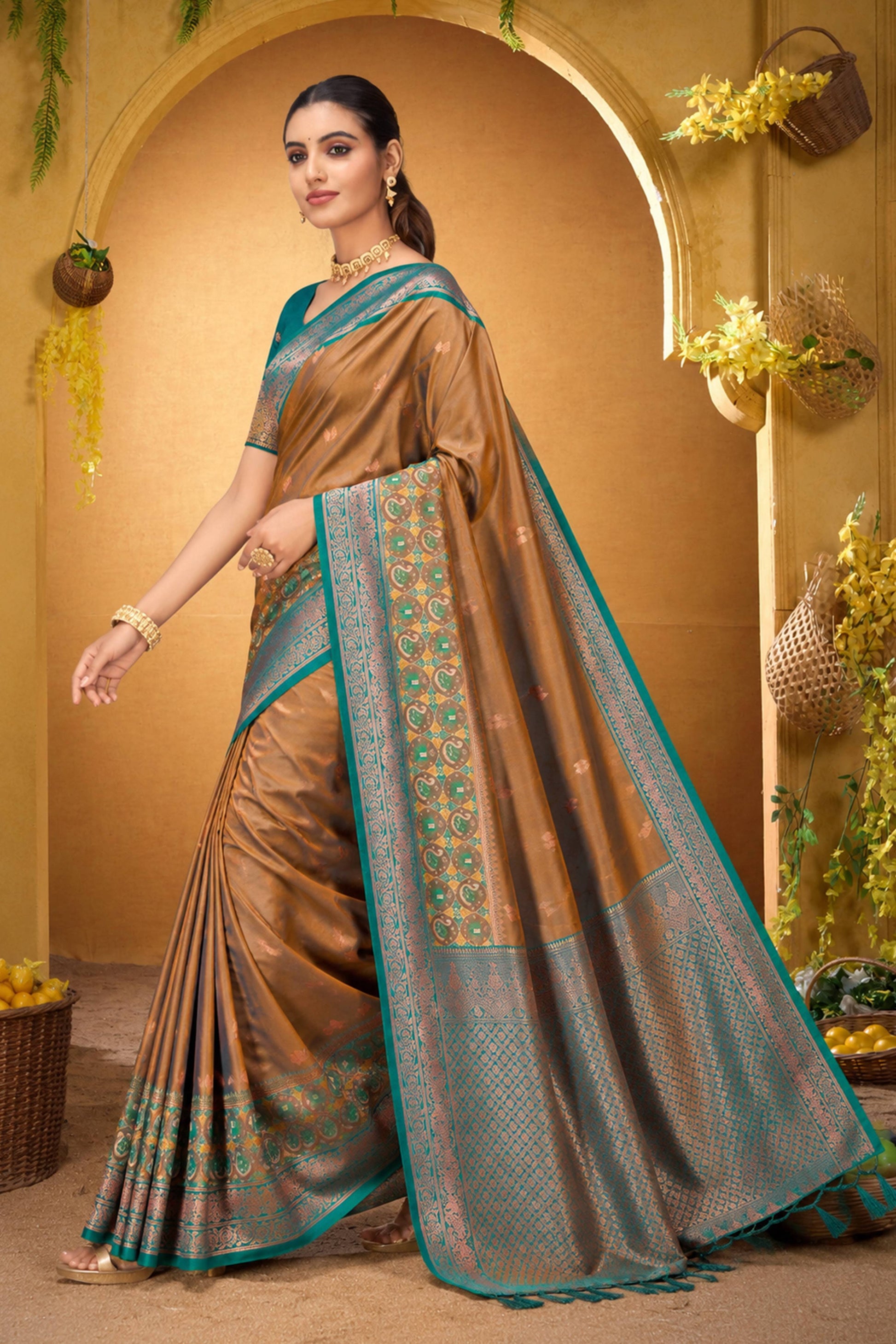 Sangam Prints Bronze Gold Silk Woven Work Traditional Saree - Dista