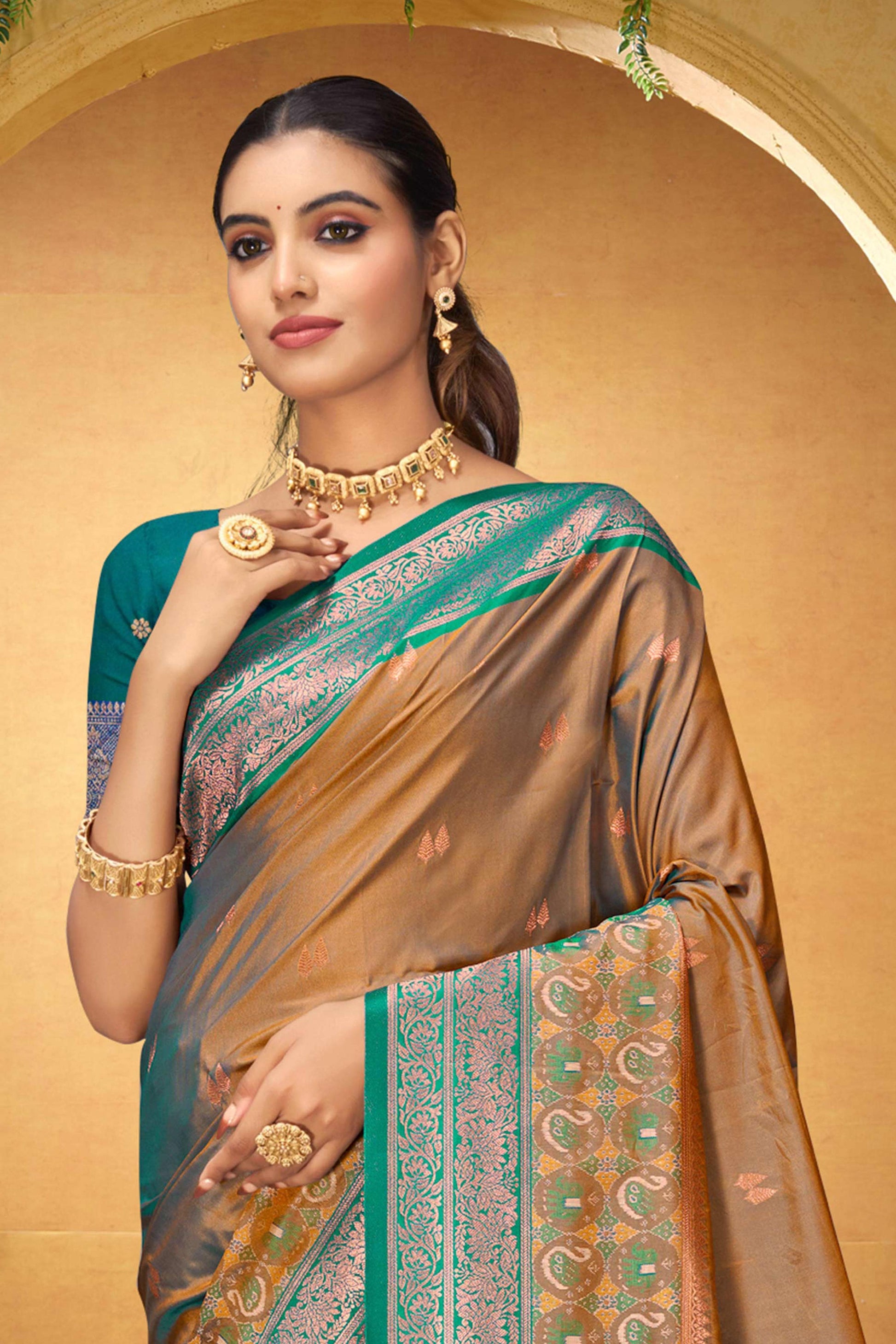 Sangam Prints Bronze Gold Silk Woven Work Traditional Saree - Dista