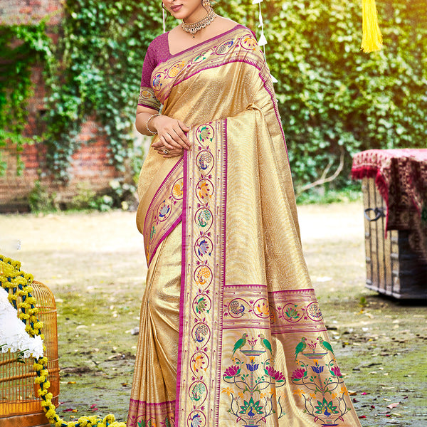 Sangam Prints Beige Silk Woven Work Traditional Saree