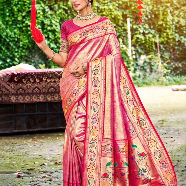Sangam Prints Pink Silk Woven Work Traditional Saree