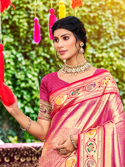 Sangam Prints Pink Silk Woven Work Traditional Saree - Distacart