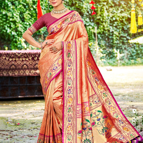 Sangam Prints Orange Silk Woven Work Traditional Saree