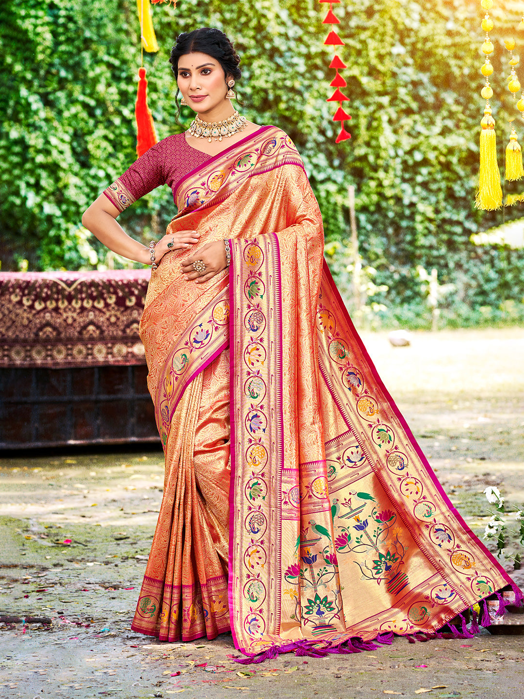 Sangam Prints Orange Silk Woven Work Traditional Saree