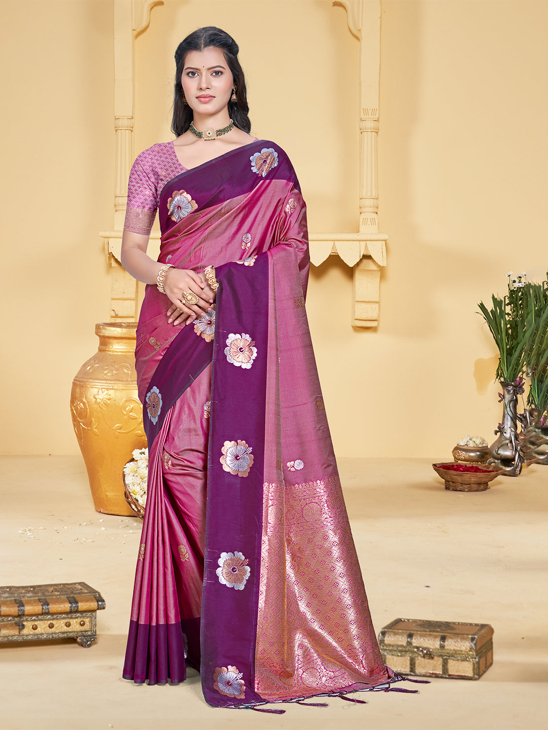 Sangam Prints Magenta Silk Woven Work Traditional Saree