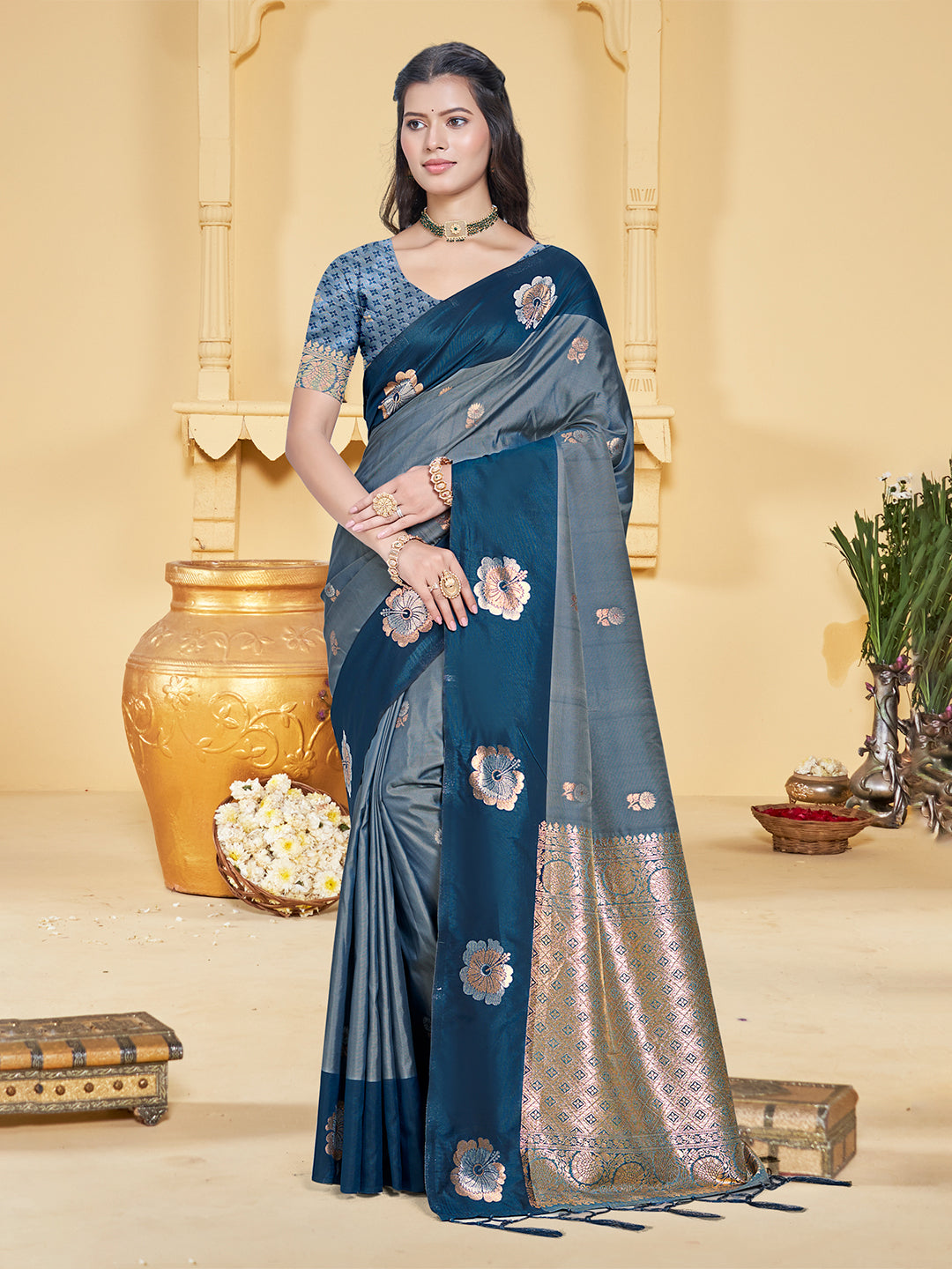 Sangam Prints Grey  Silk Woven Work Traditional Saree - Distacart