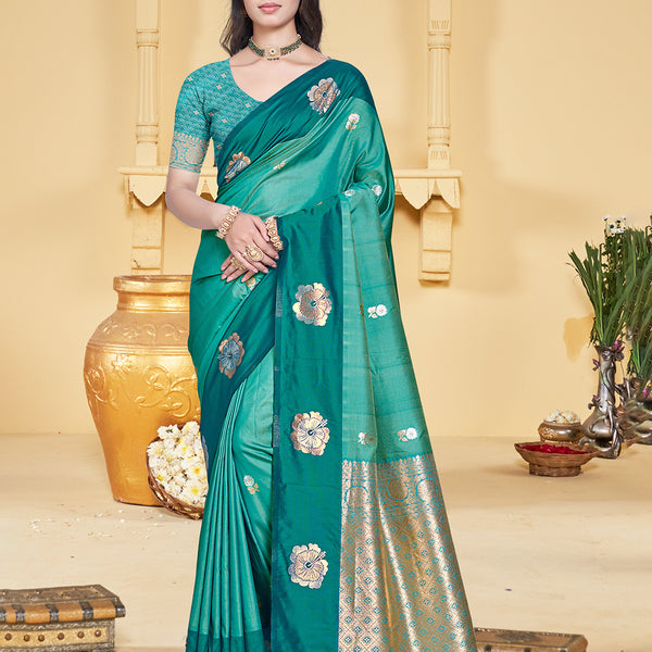 Sangam Prints Teal Blue Silk Woven Work Traditional Saree