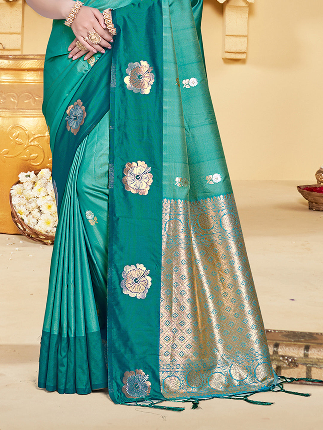 Sangam Prints Teal Blue Silk Woven Work Traditional Saree