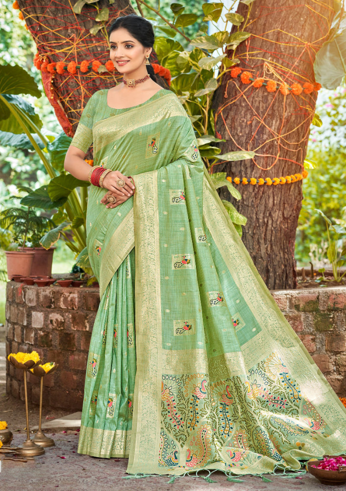 Sangam Prints Sea Green Heavy Assam Silk Saree With Meena Woven Work Traditional Saree