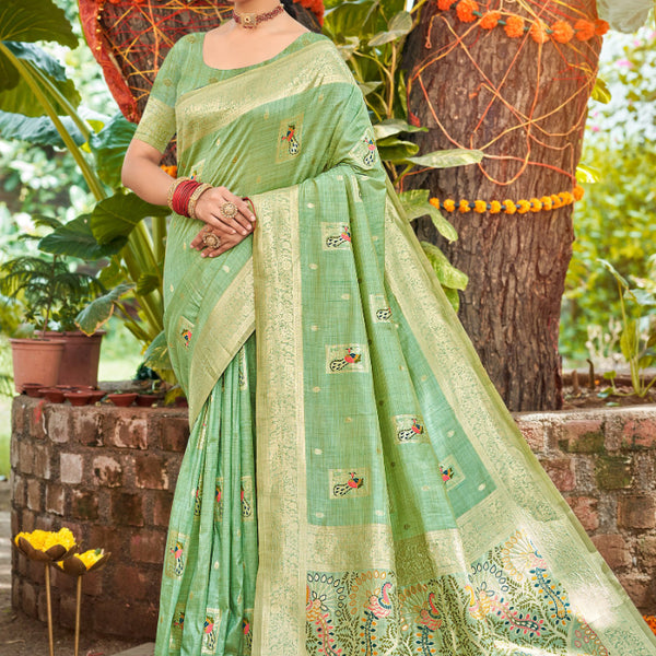Sangam Prints Sea Green Heavy Assam Silk Saree With Meena Woven Work Traditional Saree - Distacart