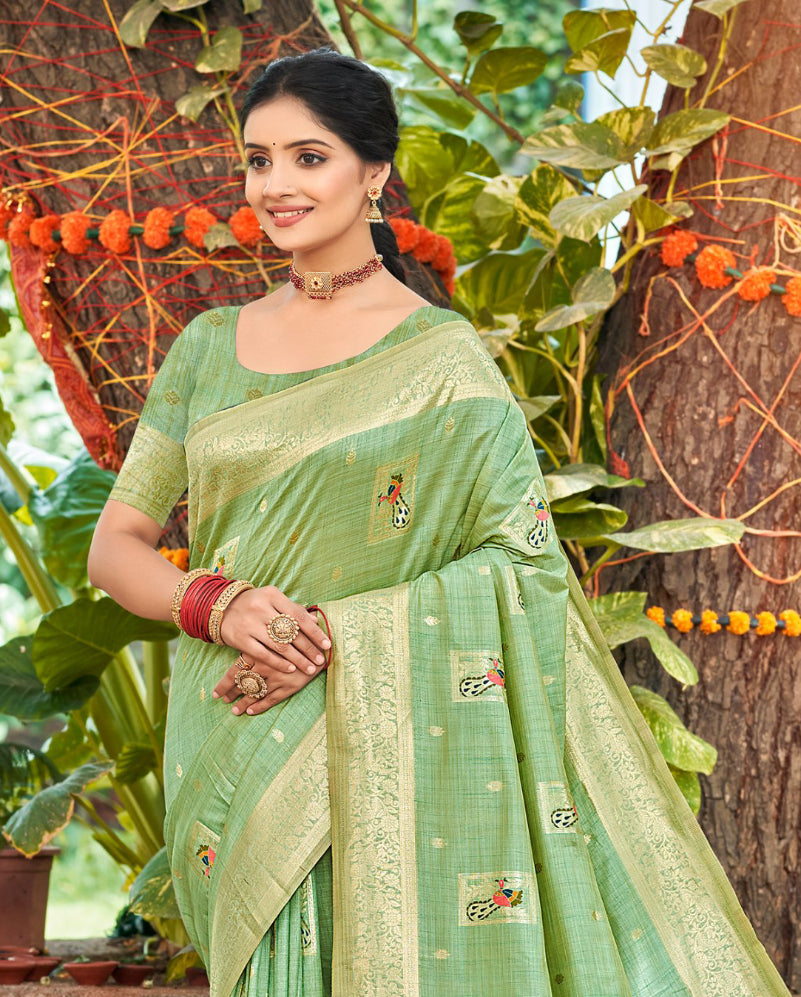 Sangam Prints Sea Green Heavy Assam Silk Saree With Meena Woven Work Traditional Saree