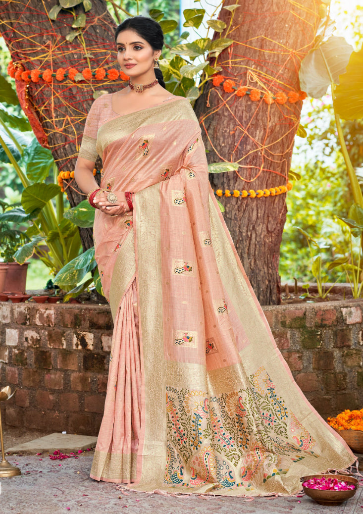 Sangam Prints Lite Pink Heavy Assam Silk Saree With Meena Woven Work Traditional Saree