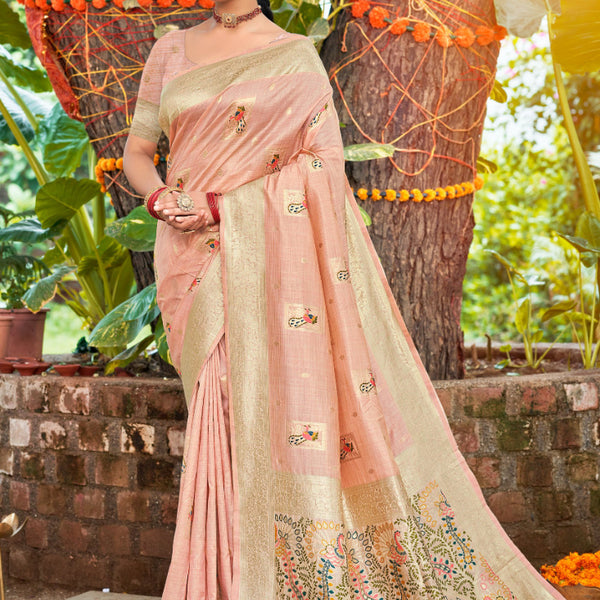 Sangam Prints Lite Pink Heavy Assam Silk Saree With Meena Woven Work Traditional Saree - Distacart