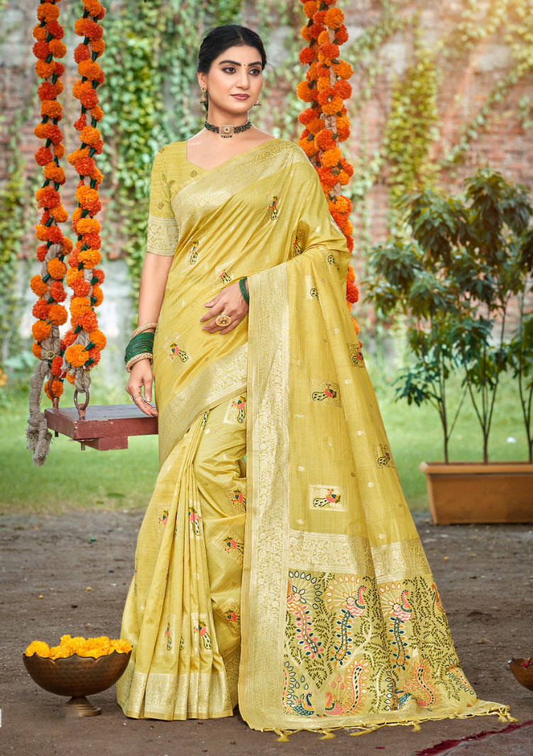 Sangam Prints Yellow Heavy Assam Silk Saree With Meena Woven Work Traditional Saree