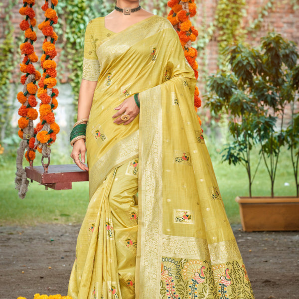 Sangam Prints Yellow Heavy Assam Silk Saree With Meena Woven Work Traditional Saree - Distacart
