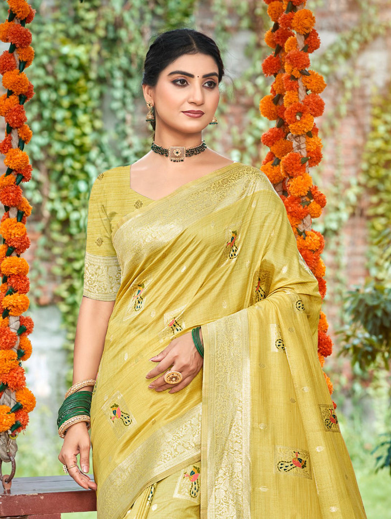 Sangam Prints Yellow Heavy Assam Silk Saree With Meena Woven Work Traditional Saree