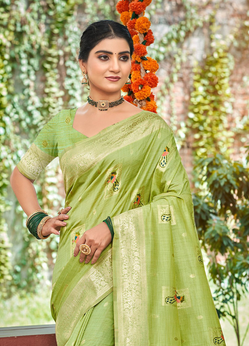 Sangam Prints Green Heavy Assam Silk Saree With Meena Woven Work Traditional Saree