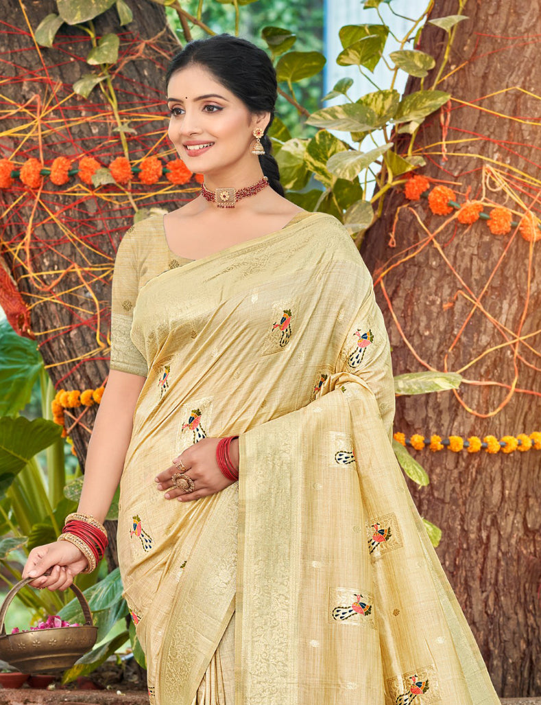 Sangam Prints Cream Heavy Assam Silk Saree With Meena Woven Work Traditional Saree