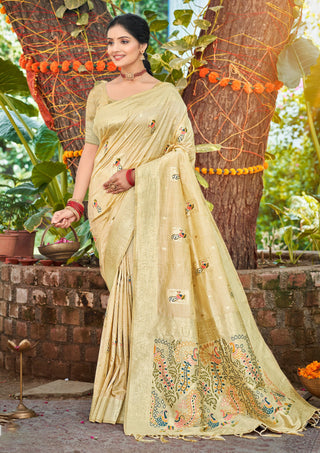 Sangam Prints Cream Heavy Assam Silk Saree With Meena Woven Work Traditional Saree