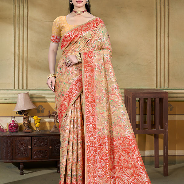 Sangam Prints Beige Cotton Silk With Meena Woven Work Traditional Saree