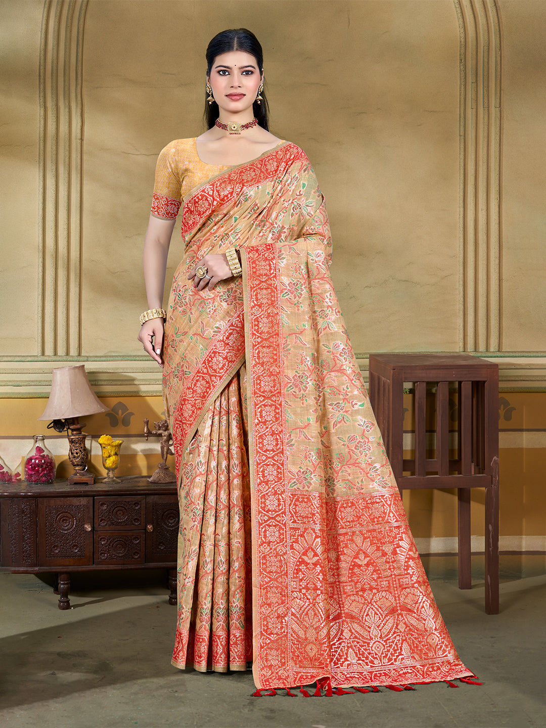 Sangam Prints Beige Cotton Silk With Meena Woven Work Traditional Saree - Distacart