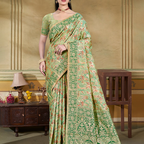 Sangam Prints Light Green  Cotton Silk With Meena Woven Work Traditional Saree