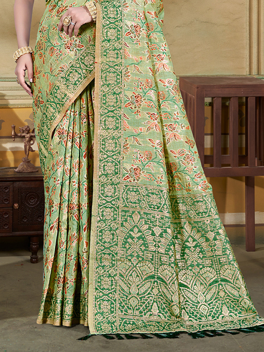 Sangam Prints Light Green  Cotton Silk With Meena Woven Work Traditional Saree - Distacart