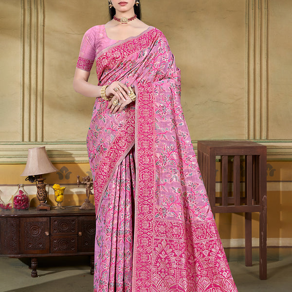 Sangam Prints Pink Cotton Silk With Meena Woven Work Traditional Saree