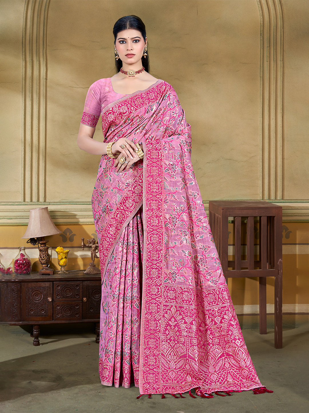 Sangam Prints Pink Cotton Silk With Meena Woven Work Traditional Saree