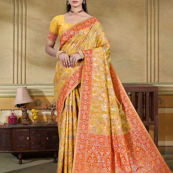 Sangam Prints Mustard Cotton Silk With Meena Woven Work Traditional Saree